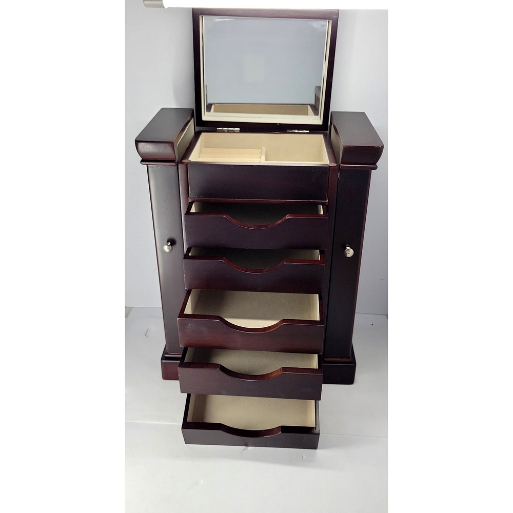 Large Wood Jewelry Box Armoire Mirror 5 Drawers Side Doors Necklace Storage - Picture 8 of 8